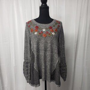 Knox Rose Gray Embroidered Floral Boho Pullover Sweater Size M